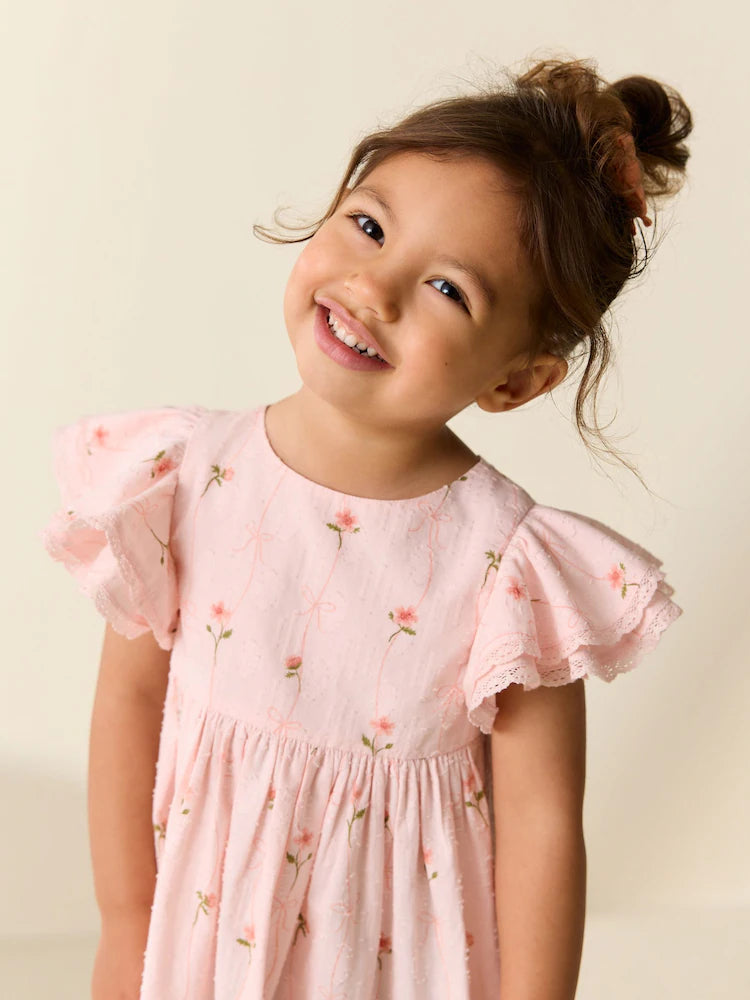 |Girl| Vestido Rosa com Estampa e Mangas Estilo Anjo (3 meses a 8 anos)