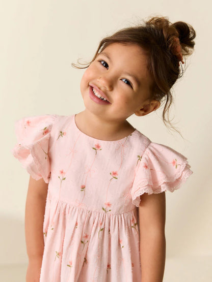 |Girl| Vestido Rosa com Estampa e Mangas Estilo Anjo (3 meses a 8 anos)