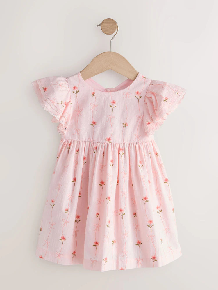 |Girl| Vestido Rosa com Estampa e Mangas Estilo Anjo (3 meses a 8 anos)