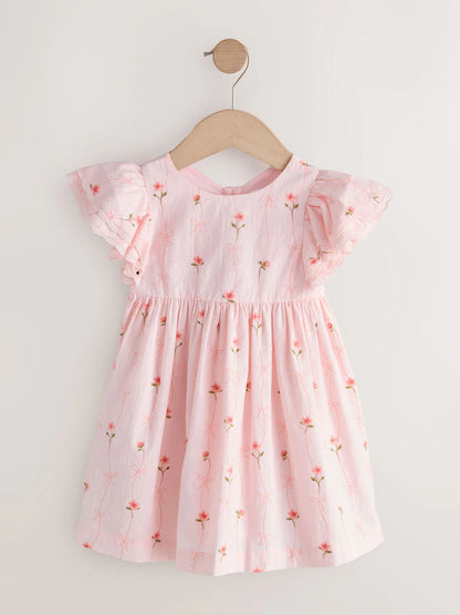 |Girl| Vestido Rosa com Estampa e Mangas Estilo Anjo (3 meses a 8 anos)