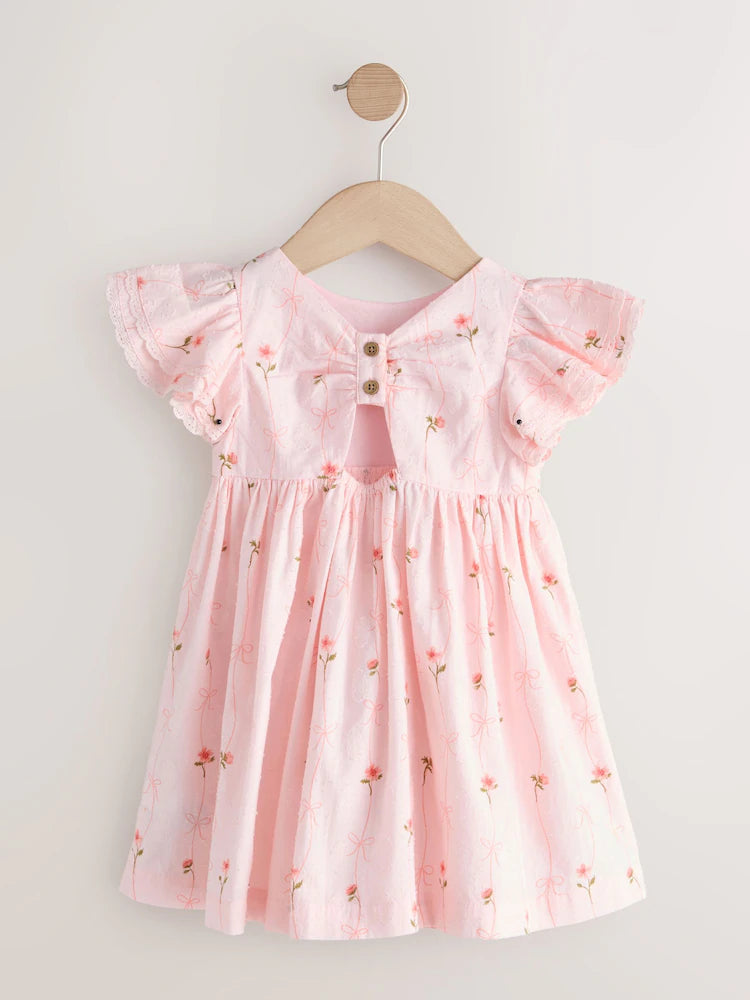 |Girl| Vestido Rosa com Estampa e Mangas Estilo Anjo (3 meses a 8 anos)