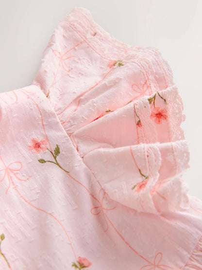 |Girl| Vestido Rosa com Estampa e Mangas Estilo Anjo (3 meses a 8 anos)