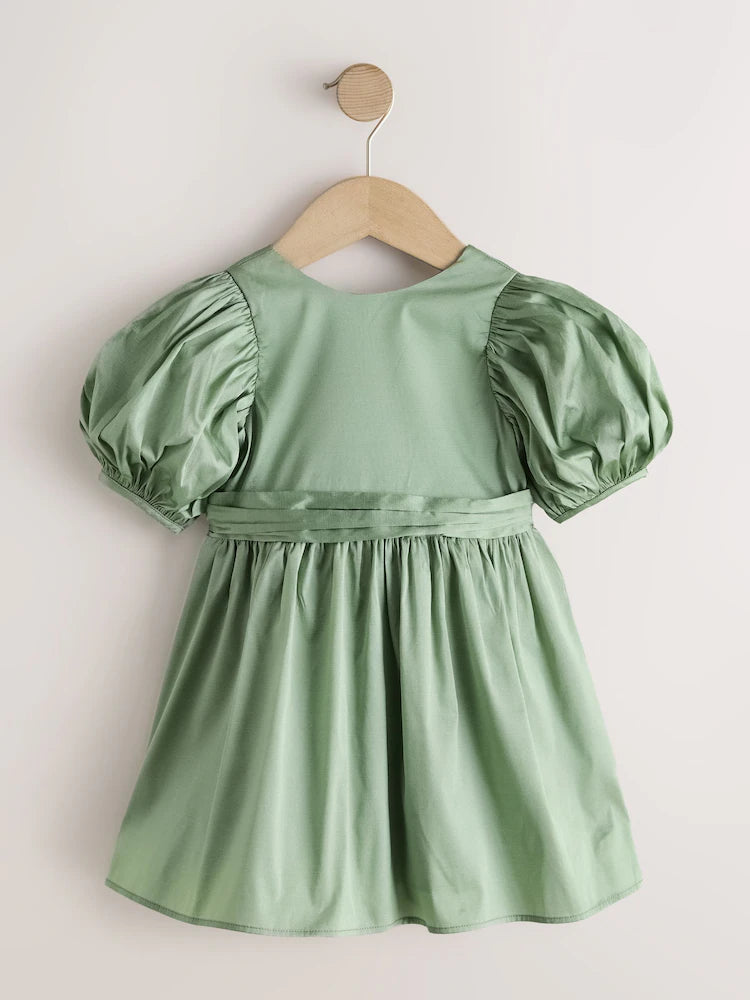 |Girl| Vestido De Daminha De Honra Verde Sálvia Com Laço Em Tafetá (3 meses a 8 anos)