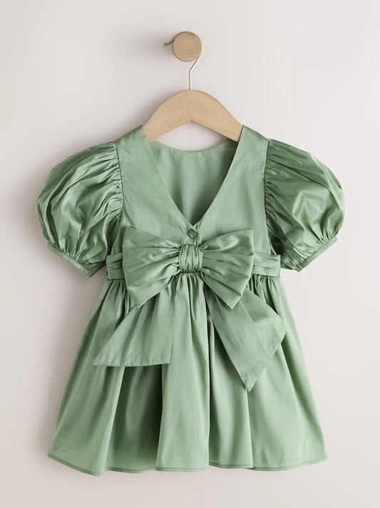 |Girl| Vestido De Daminha De Honra Verde Sálvia Com Laço Em Tafetá (3 meses a 8 anos)