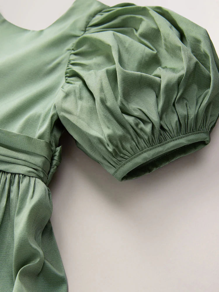 |Girl| Vestido De Daminha De Honra Verde Sálvia Com Laço Em Tafetá (3 meses a 8 anos)