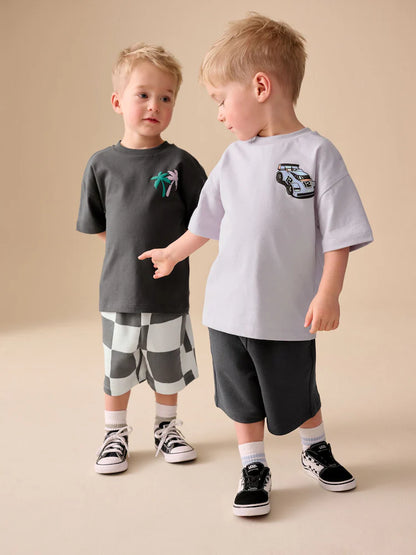 |Boy| Conjunto De Camiseta De Manga Curta e Shorts Em Cinza Carvão/Lilás (2 peças, tamanhos de 3 meses a 7 anos)