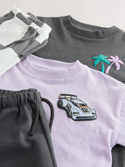 |Boy| Conjunto De Camiseta De Manga Curta e Shorts Em Cinza Carvão/Lilás (2 peças, tamanhos de 3 meses a 7 anos)