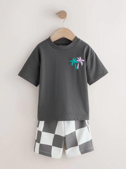 |Boy| Conjunto De Camiseta De Manga Curta e Shorts Em Cinza Carvão/Lilás (2 peças, tamanhos de 3 meses a 7 anos)