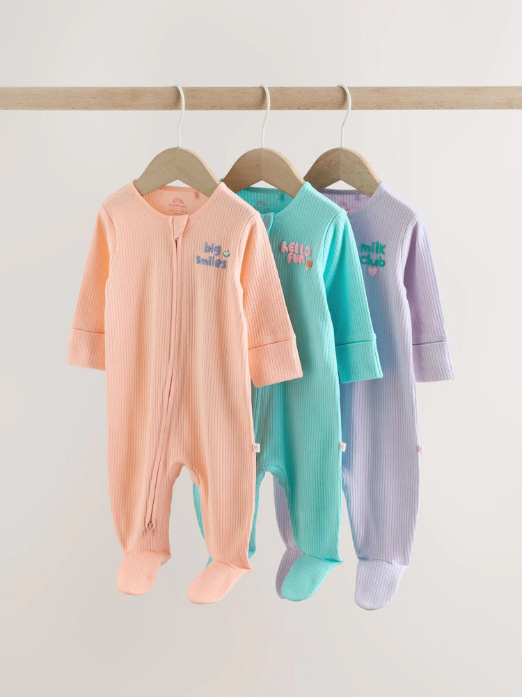 |BabyGirl| Kit com 3 Macacões de Bebê com Zíper Bidirecional – Coral/Roxo (0 meses a 2 anos)