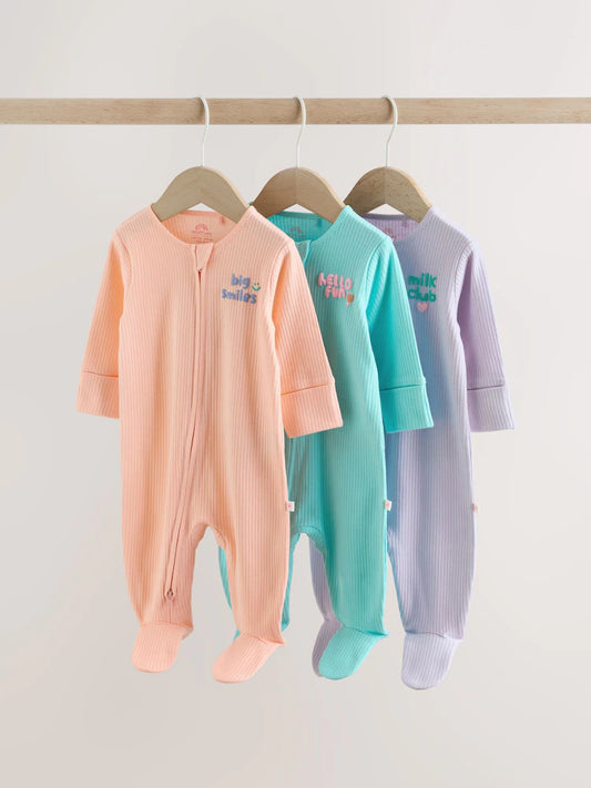 |BabyGirl| Kit com 3 Macacões de Bebê com Zíper Bidirecional – Coral/Roxo (0 meses a 2 anos)