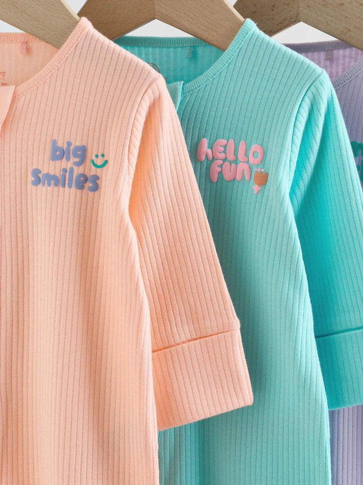 |BabyGirl| Kit com 3 Macacões de Bebê com Zíper Bidirecional – Coral/Roxo (0 meses a 2 anos)