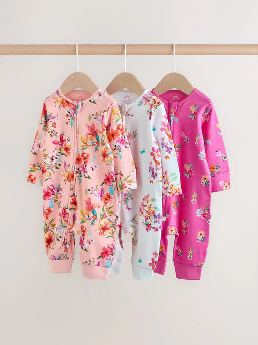 |BabyGirl| Conjunto De 3 Macacões De Dormir Para Bebês Com Zíper Duplo Colorido (0 meses a 3 anos)