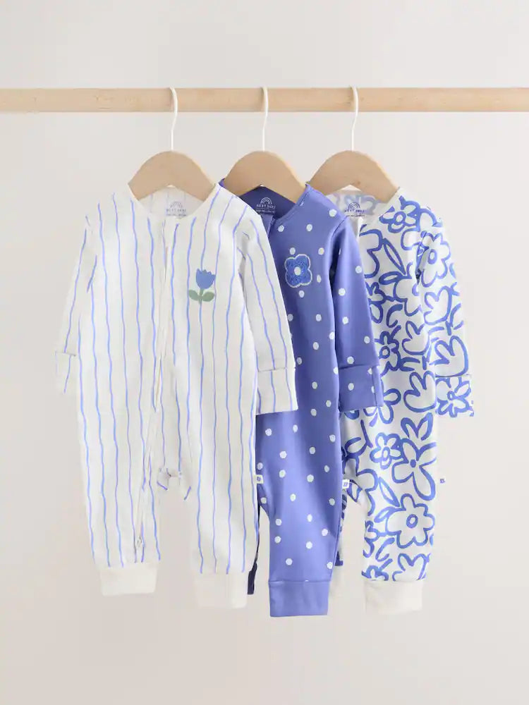|BabyGirl| Conjunto De 3 Macacões De Dormir Azuis Com Zíper Duplo Para Bebês (0 meses a 3 anos)