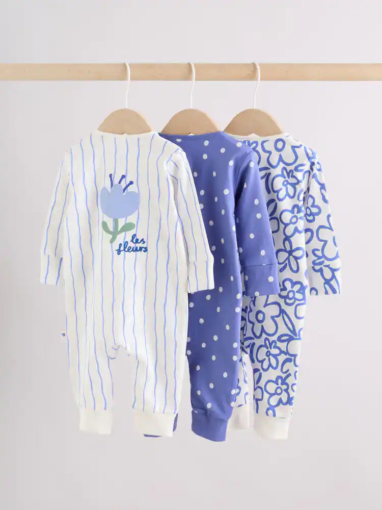 |BabyGirl| Conjunto De 3 Macacões De Dormir Azuis Com Zíper Duplo Para Bebês (0 meses a 3 anos)