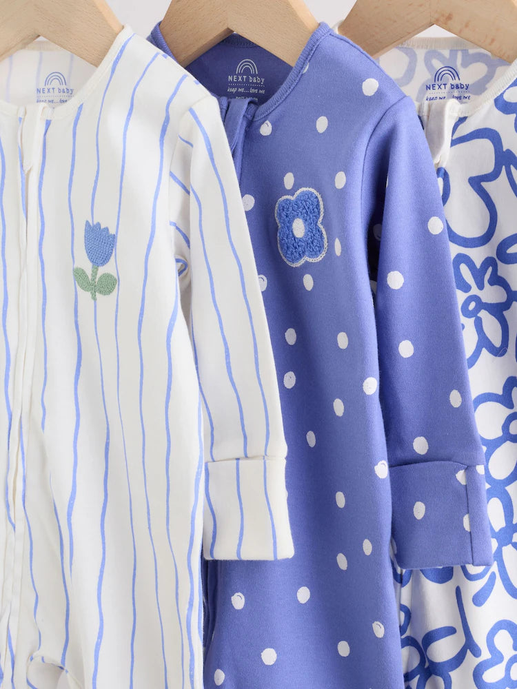 |BabyGirl| Conjunto De 3 Macacões De Dormir Azuis Com Zíper Duplo Para Bebês (0 meses a 3 anos)