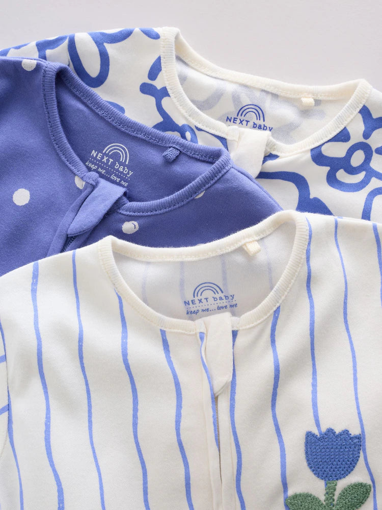 |BabyGirl| Conjunto De 3 Macacões De Dormir Azuis Com Zíper Duplo Para Bebês (0 meses a 3 anos)