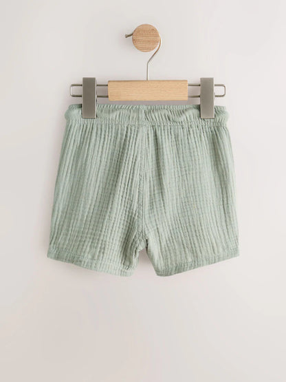 |Boy| Kit com 3 Shorts de Textura Macia (Cores Neutras, Verde-sálvia e Azul-claro) – Modelo de Vestir (3 meses a 7 anos)