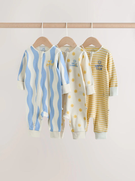 |BabyBoy| Conjunto De 3 Macacões Para Bebês Com Zíper Duplo Nas Cores Amarelo e Azul (0 meses a 3 anos)