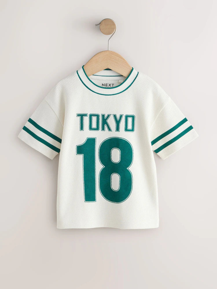 |Boy| Camiseta Universitária Creme De Manga Curta Com Estampa (3 meses a 7 anos)