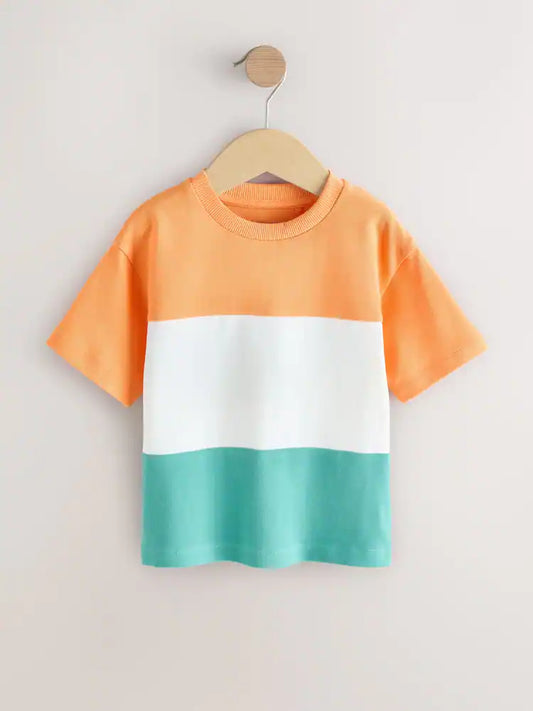 |Boy| Camiseta De Manga Curta Com Blocos De Cores Laranja/Branco/Azul (3 meses a 7 anos)