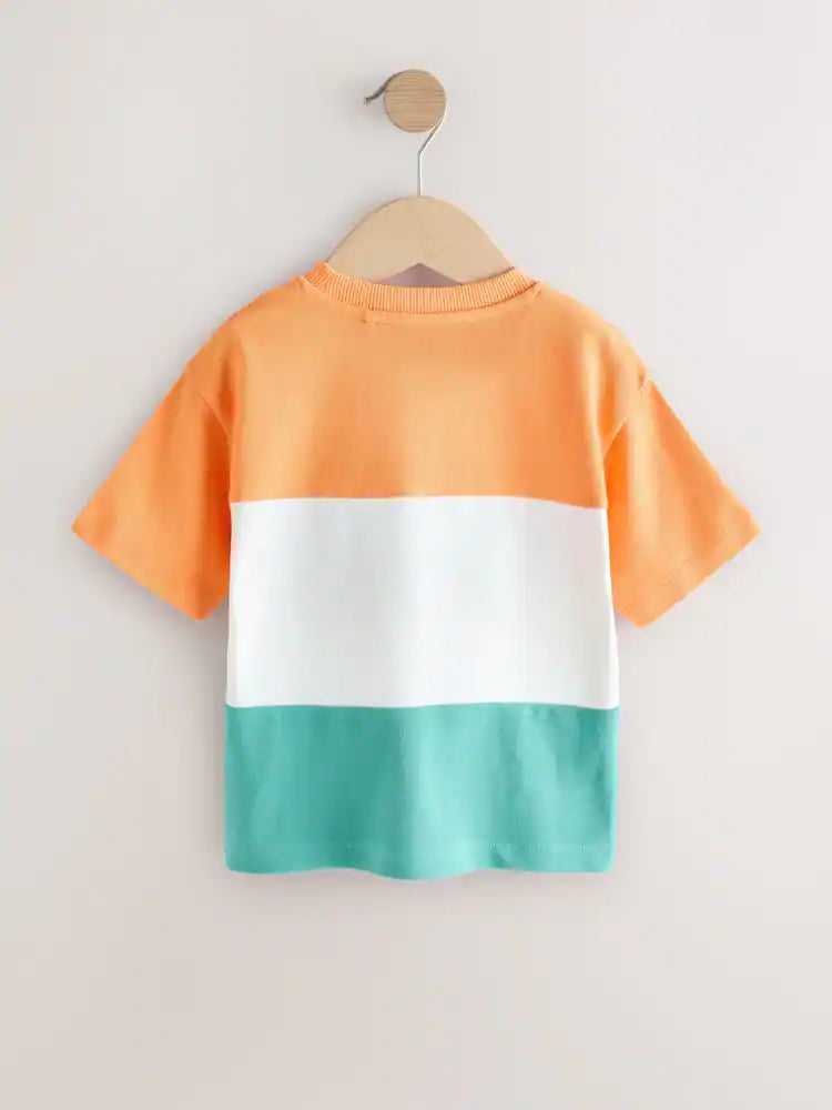 |Boy| Camiseta De Manga Curta Com Blocos De Cores Laranja/Branco/Azul (3 meses a 7 anos)