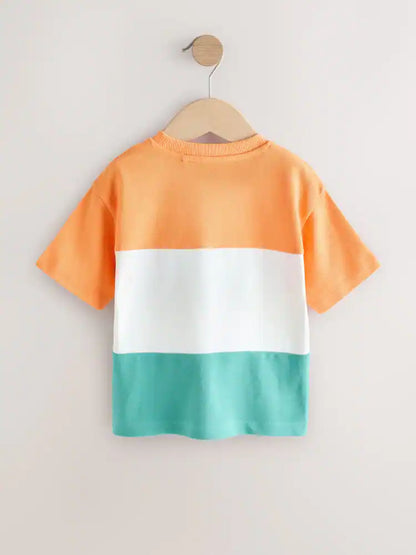 |Boy| Camiseta De Manga Curta Com Blocos De Cores Laranja/Branco/Azul (3 meses a 7 anos)