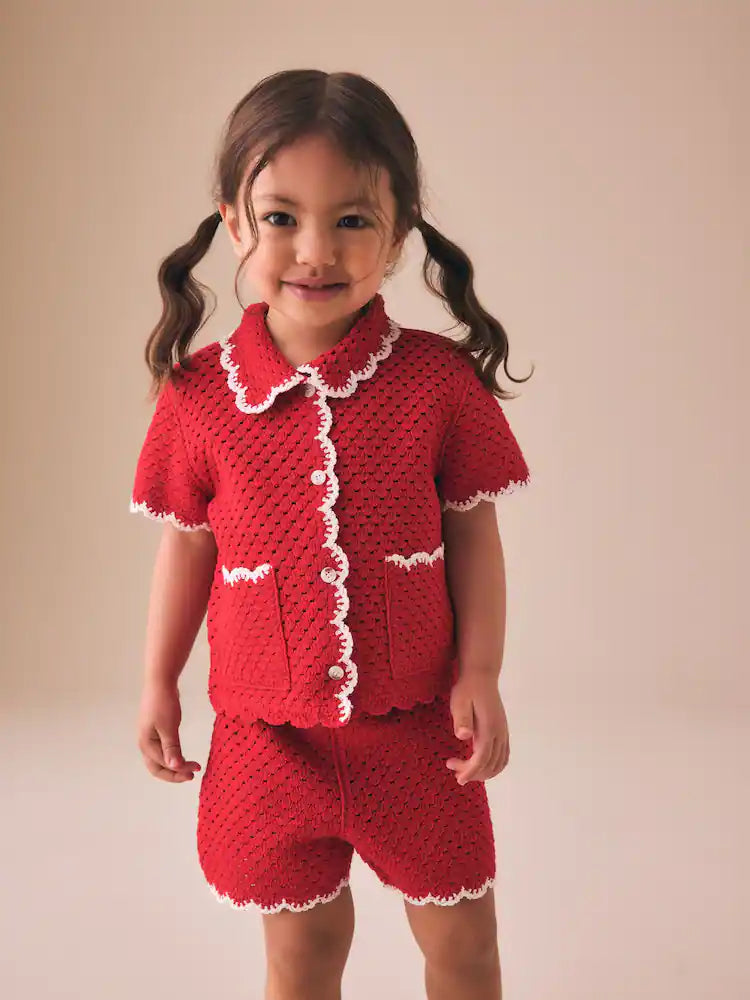 |Girl| Conjunto De Crochê Com Borda Ondulada Vermelha (3 meses a 7 anos)