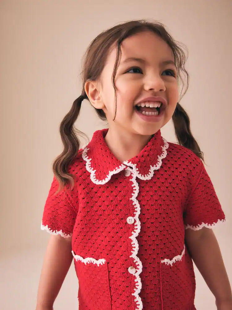 |Girl| Conjunto De Crochê Com Borda Ondulada Vermelha (3 meses a 7 anos)