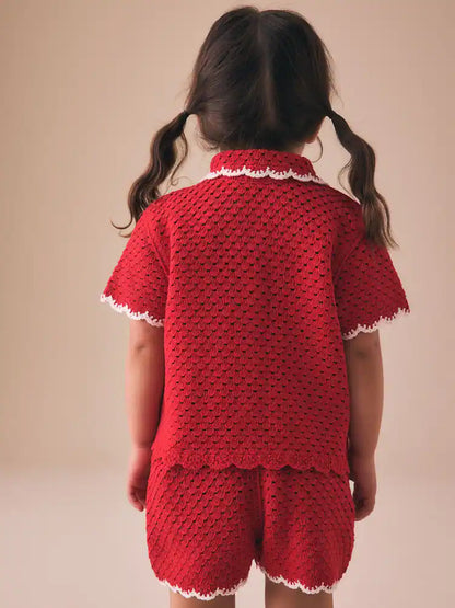 |Girl| Conjunto De Crochê Com Borda Ondulada Vermelha (3 meses a 7 anos)