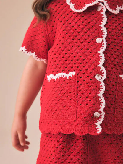 |Girl| Conjunto De Crochê Com Borda Ondulada Vermelha (3 meses a 7 anos)