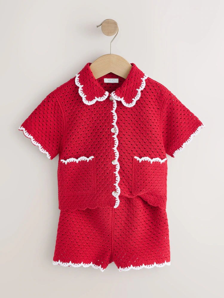 |Girl| Conjunto De Crochê Com Borda Ondulada Vermelha (3 meses a 7 anos)