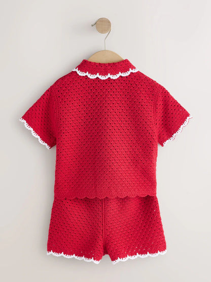 |Girl| Conjunto De Crochê Com Borda Ondulada Vermelha (3 meses a 7 anos)
