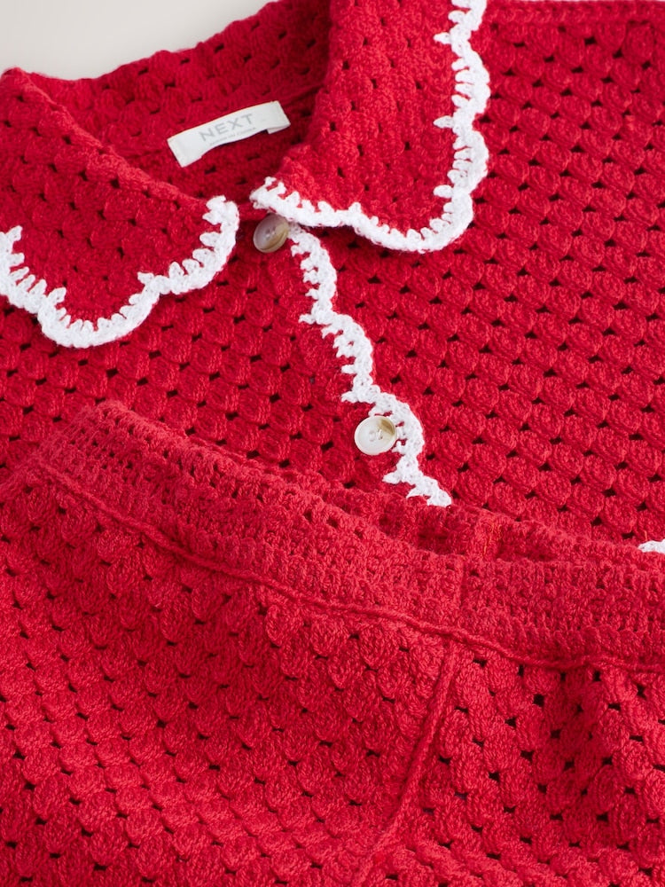 |Girl| Conjunto De Crochê Com Borda Ondulada Vermelha (3 meses a 7 anos)