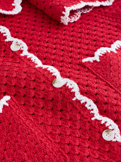 |Girl| Conjunto De Crochê Com Borda Ondulada Vermelha (3 meses a 7 anos)