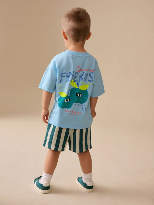 |Boy| Conjunto De Camiseta De Manga Curta e Shorts Com Estampa De Maçã Azul Nas Costas (3 meses a 7 anos)