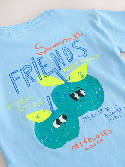 |Boy| Conjunto De Camiseta De Manga Curta e Shorts Com Estampa De Maçã Azul Nas Costas (3 meses a 7 anos)