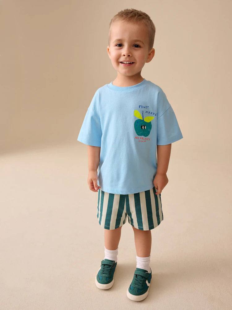 |Boy| Conjunto De Camiseta De Manga Curta e Shorts Com Estampa De Maçã Azul Nas Costas (3 meses a 7 anos)