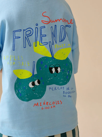 |Boy| Conjunto De Camiseta De Manga Curta e Shorts Com Estampa De Maçã Azul Nas Costas (3 meses a 7 anos)