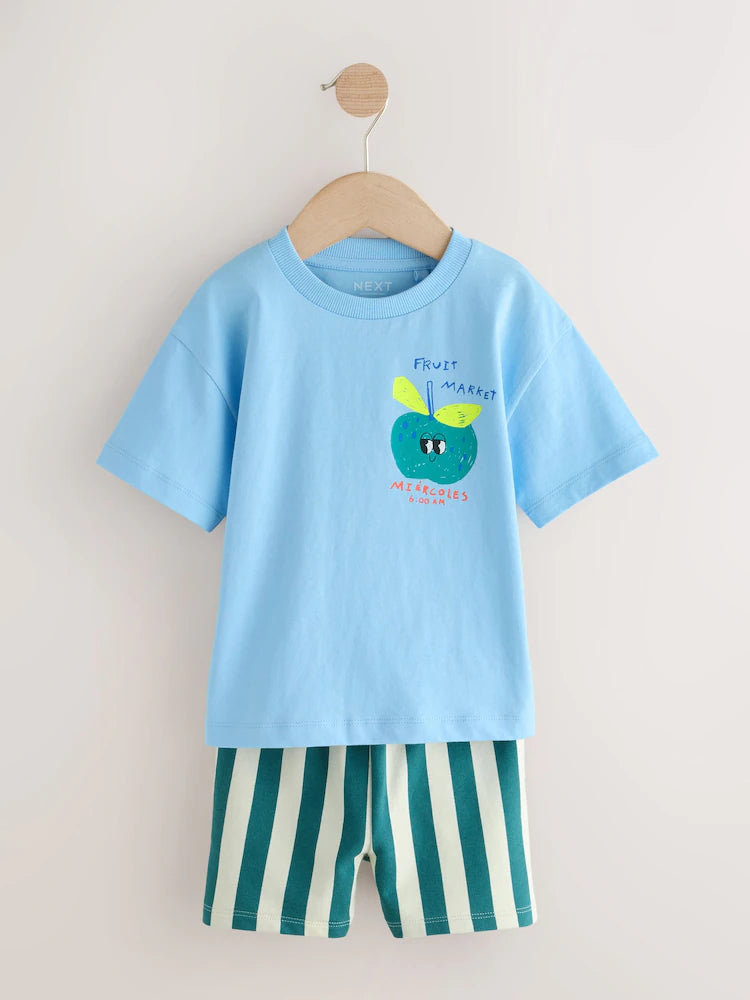 |Boy| Conjunto De Camiseta De Manga Curta e Shorts Com Estampa De Maçã Azul Nas Costas (3 meses a 7 anos)