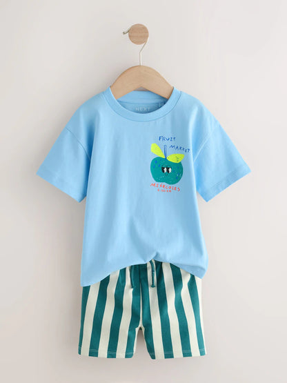 |Boy| Conjunto De Camiseta De Manga Curta e Shorts Com Estampa De Maçã Azul Nas Costas (3 meses a 7 anos)