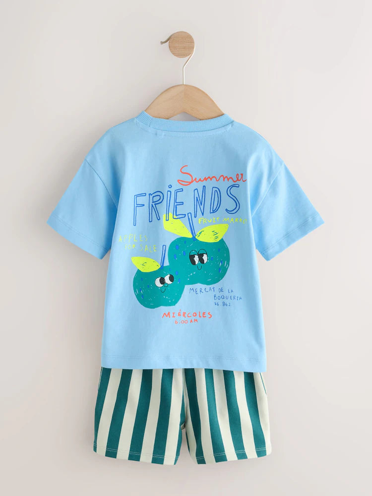 |Boy| Conjunto De Camiseta De Manga Curta e Shorts Com Estampa De Maçã Azul Nas Costas (3 meses a 7 anos)