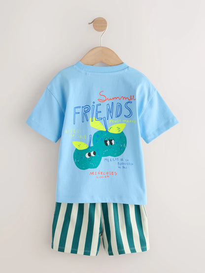 |Boy| Conjunto De Camiseta De Manga Curta e Shorts Com Estampa De Maçã Azul Nas Costas (3 meses a 7 anos)