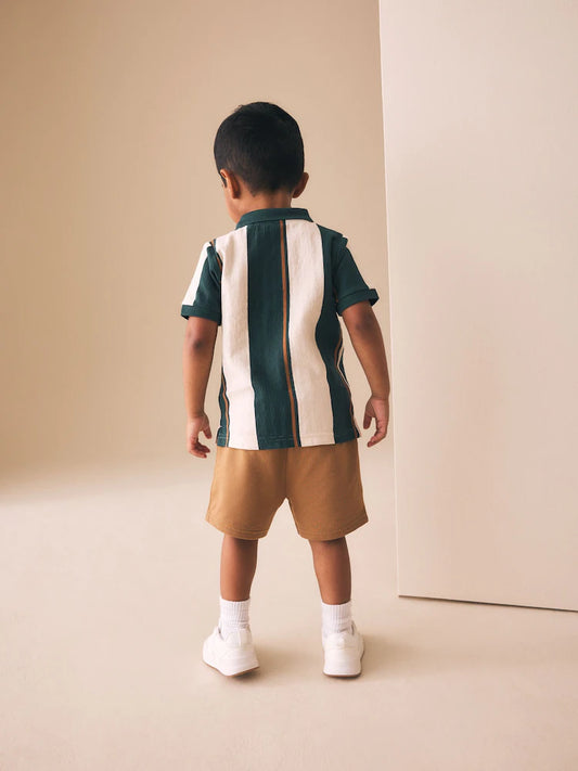|Boy| Conjunto De Polo De Manga Curta e Shorts Listrados Em Verde/Cru (3 meses a 7 anos)