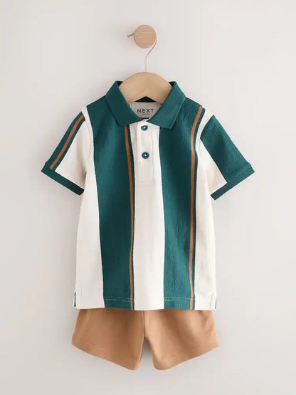 |Boy| Conjunto De Polo De Manga Curta e Shorts Listrados Em Verde/Cru (3 meses a 7 anos)