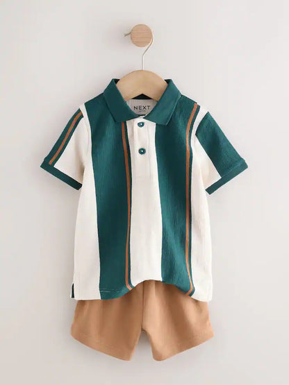 |Boy| Conjunto De Polo De Manga Curta e Shorts Listrados Em Verde/Cru (3 meses a 7 anos)