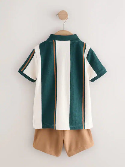 |Boy| Conjunto De Polo De Manga Curta e Shorts Listrados Em Verde/Cru (3 meses a 7 anos)