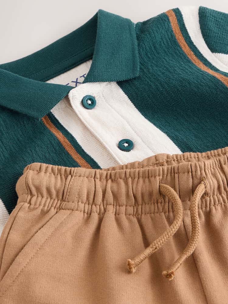 |Boy| Conjunto De Polo De Manga Curta e Shorts Listrados Em Verde/Cru (3 meses a 7 anos)