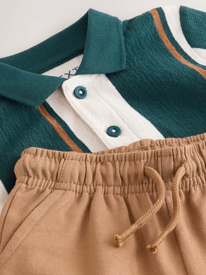 |Boy| Conjunto De Polo De Manga Curta e Shorts Listrados Em Verde/Cru (3 meses a 7 anos)