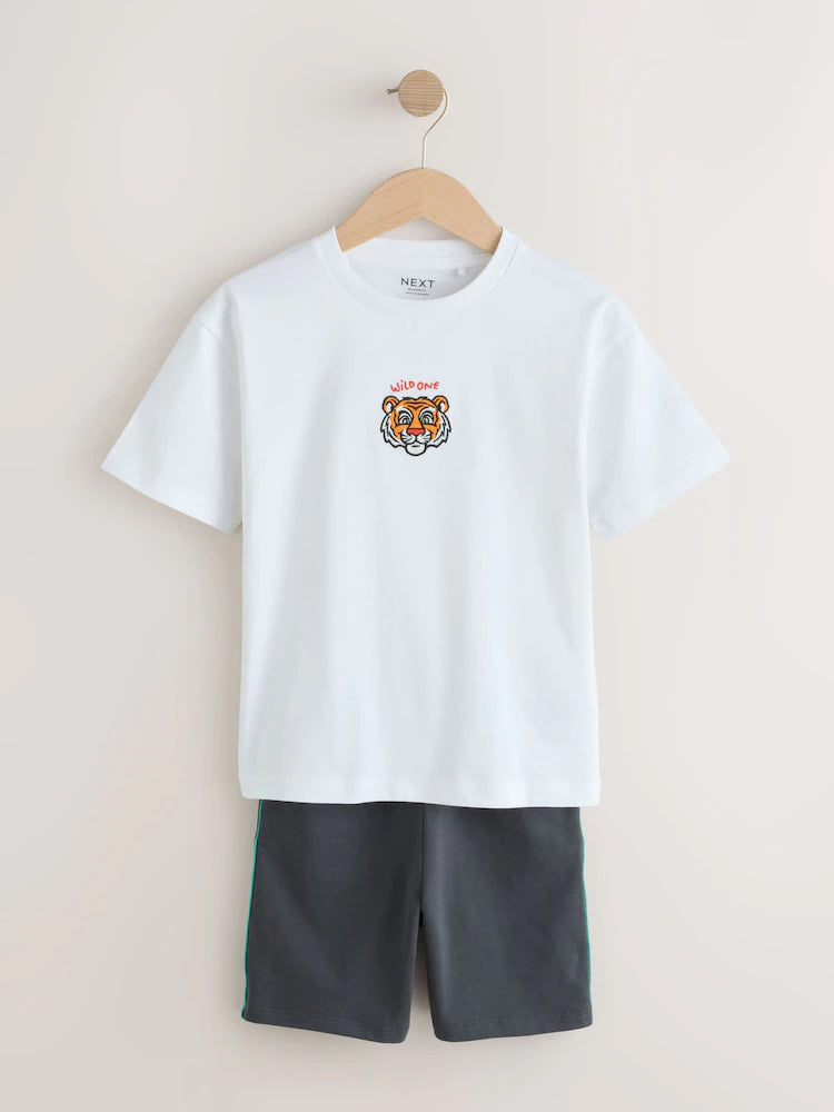 |Boy| Conjunto De Camiseta De Manga Curta e Shorts Com Estampa De Tigre Branco (3 meses a 7 anos)
