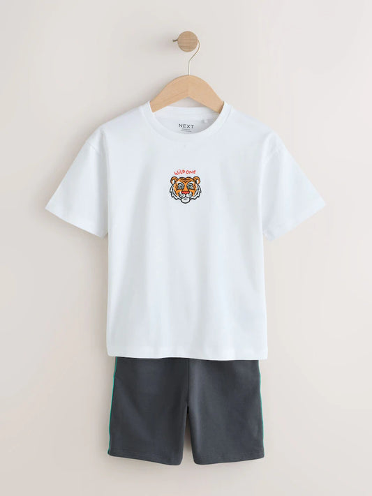 |Boy| Conjunto De Camiseta De Manga Curta e Shorts Com Estampa De Tigre Branco (3 meses a 7 anos)